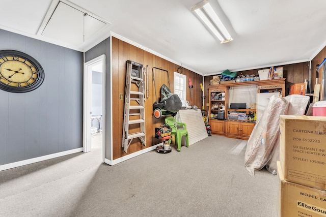 125 Greenway Ave, Union, SC 29379 - carpeted bedroom featuring attic access, ornamental molding, and wooden walls