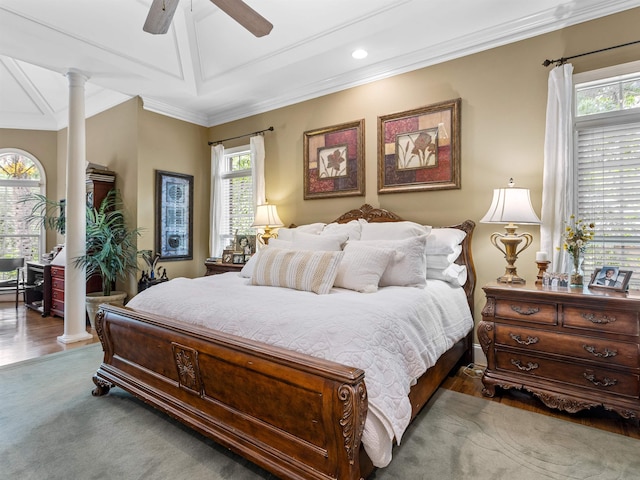 458 Carolina Club Dr, Spartanburg, SC 29306 - bedroom with decorative columns, ornamental molding, recessed lighting, and ceiling fan