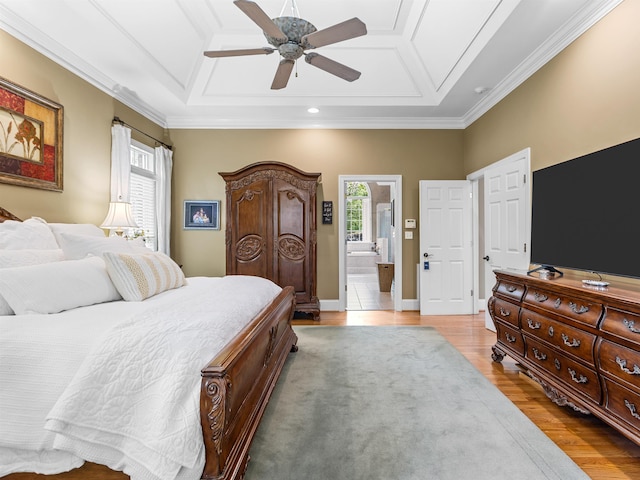 458 Carolina Club Dr, Spartanburg, SC 29306 - bedroom with light wood-style flooring, ornamental molding, ensuite bathroom, and a ceiling fan