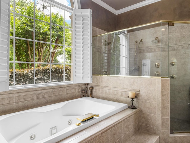 458 Carolina Club Dr, Spartanburg, SC 29306 - bathroom featuring a shower stall, a jetted tub, crown molding, and healthy amount of natural light