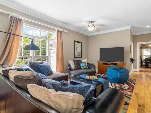 458 Carolina Club Dr, Spartanburg, SC 29306 - living room with light wood finished floors, ornamental molding, plenty of natural light, ceiling fan, and recessed lighting
