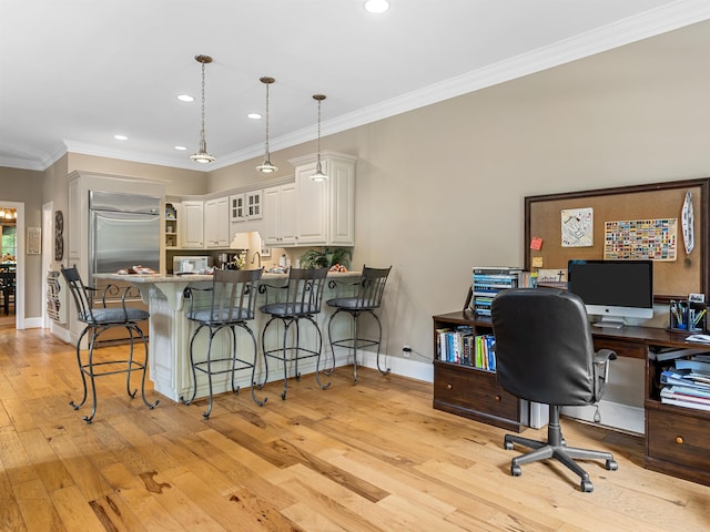 458 Carolina Club Dr, Spartanburg, SC 29306 - home office featuring light wood-style floors, ornamental molding, and recessed lighting
