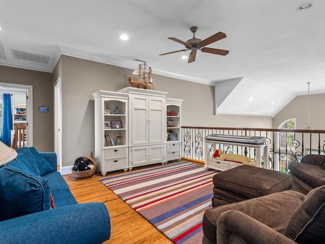 458 Carolina Club Dr, Spartanburg, SC 29306 - living area featuring a ceiling fan, recessed lighting, wood finished floors, and crown molding