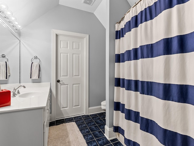 458 Carolina Club Dr, Spartanburg, SC 29306 - full bathroom featuring vanity, tile patterned floors, lofted ceiling, and a shower with curtain