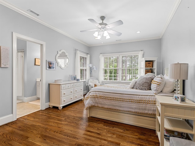 458 Carolina Club Dr, Spartanburg, SC 29306 - bedroom featuring ornamental molding, dark wood-style flooring, ensuite bath, and ceiling fan
