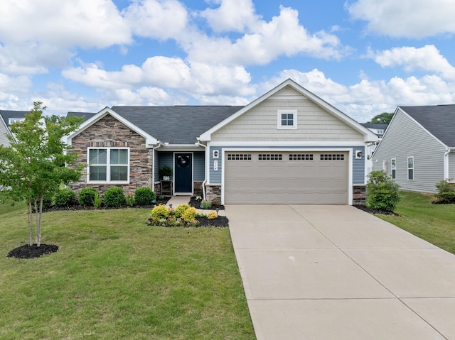514 Olivia Springs Dr, Spartanburg, SC 29302 - craftsman inspired home with stone siding, an attached garage, a front lawn, and driveway