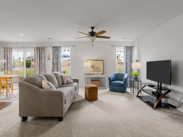 514 Olivia Springs Dr, Spartanburg, SC 29302 - living area featuring plenty of natural light, ceiling fan, recessed lighting, and carpet flooring