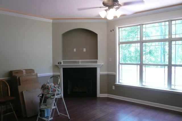 415 Abernathy Rd, Inman, SC 29349 - living room with ceiling fan, plenty of natural light, dark wood finished floors, a fireplace, and crown molding