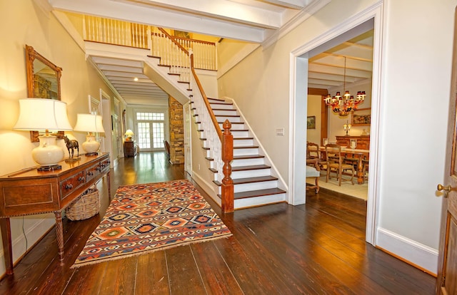 735 Jackson Grove Rd, Landrum, SC 29356 - entryway with stairway, hardwood / wood-style flooring, a chandelier, and beam ceiling