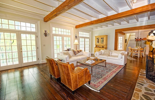 735 Jackson Grove Rd, Landrum, SC 29356 - living room with stairs, beamed ceiling, french doors, dark wood-style flooring, and plenty of natural light