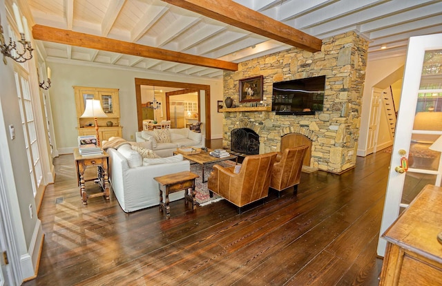 735 Jackson Grove Rd, Landrum, SC 29356 - living room featuring hardwood / wood-style floors, stairs, beamed ceiling, and a stone fireplace