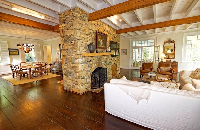 735 Jackson Grove Rd, Landrum, SC 29356 - living area featuring dark wood finished floors, beamed ceiling, a chandelier, and a stone fireplace