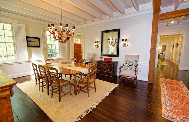 735 Jackson Grove Rd, Landrum, SC 29356 - dining area featuring a chandelier, hardwood / wood-style flooring, ornamental molding, beam ceiling, and wainscoting