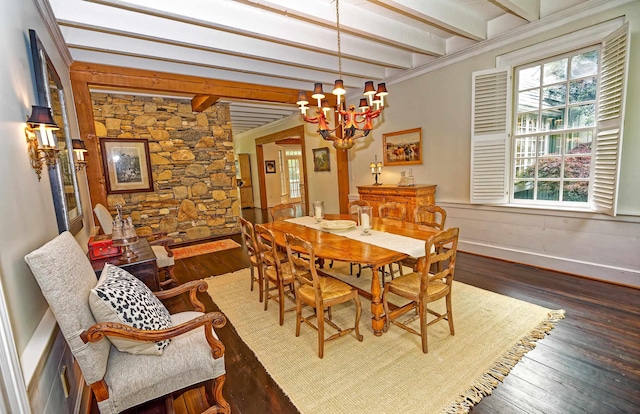 735 Jackson Grove Rd, Landrum, SC 29356 - dining space featuring beamed ceiling, a chandelier, and wood finished floors