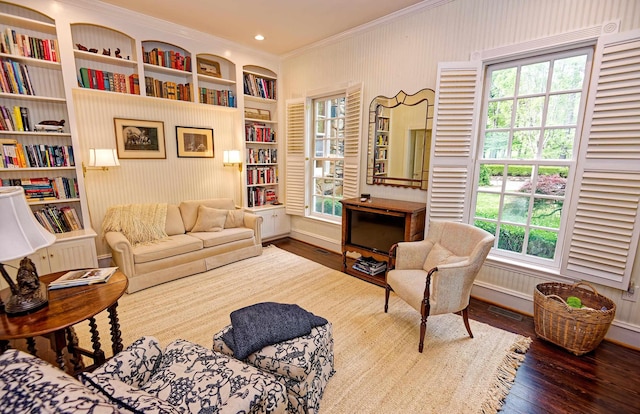 735 Jackson Grove Rd, Landrum, SC 29356 - living area featuring ornamental molding, wood-type flooring, and built in shelves