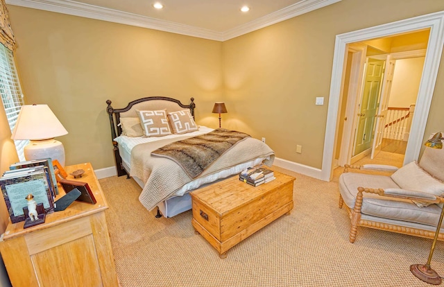 735 Jackson Grove Rd, Landrum, SC 29356 - bedroom featuring light colored carpet, ornamental molding, and recessed lighting