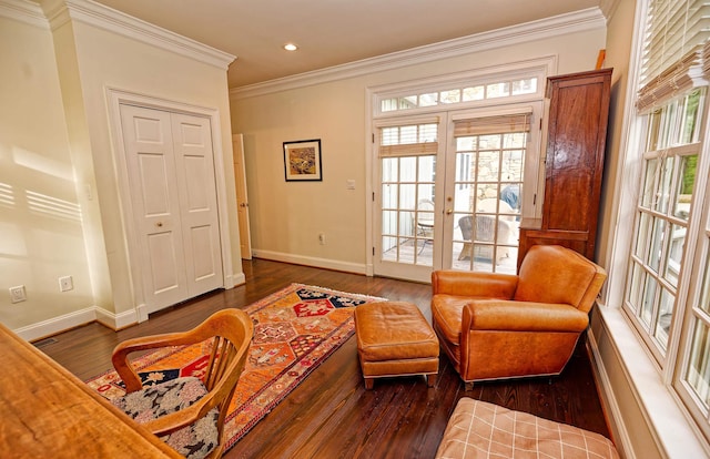 735 Jackson Grove Rd, Landrum, SC 29356 - sitting room with hardwood / wood-style flooring, crown molding, recessed lighting, and french doors
