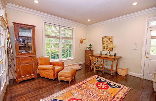 735 Jackson Grove Rd, Landrum, SC 29356 - sitting room with dark wood-style floors, crown molding, and recessed lighting