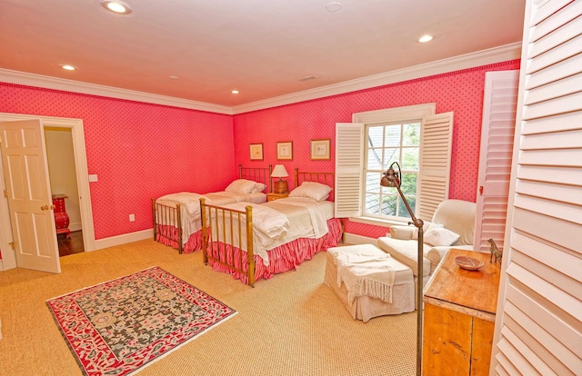 735 Jackson Grove Rd, Landrum, SC 29356 - carpeted bedroom with crown molding, wallpapered walls, and recessed lighting
