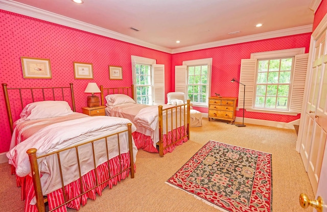 735 Jackson Grove Rd, Landrum, SC 29356 - bedroom with ornamental molding, carpet, multiple windows, wallpapered walls, and recessed lighting
