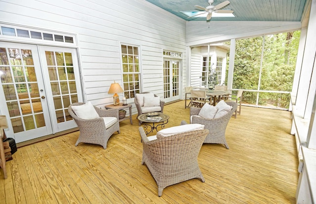 735 Jackson Grove Rd, Landrum, SC 29356 - sunroom / solarium featuring french doors, a ceiling fan, wood walls, and lofted ceiling