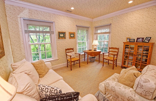 735 Jackson Grove Rd, Landrum, SC 29356 - living area with ornamental molding, wallpapered walls, healthy amount of natural light, and recessed lighting