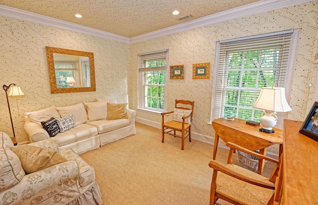 735 Jackson Grove Rd, Landrum, SC 29356 - living room featuring ornamental molding, wallpapered walls, recessed lighting, and carpet