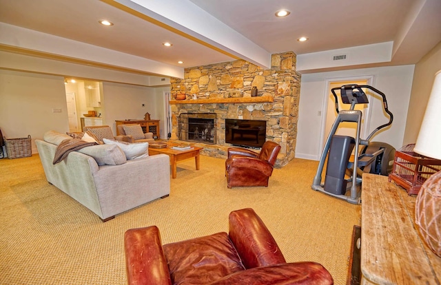 735 Jackson Grove Rd, Landrum, SC 29356 - living area with recessed lighting, carpet flooring, beam ceiling, and a stone fireplace