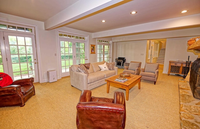 735 Jackson Grove Rd, Landrum, SC 29356 - living area with carpet flooring, recessed lighting, stairway, a wood stove, and beam ceiling