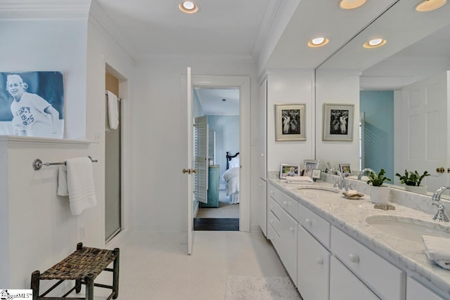 735 Jackson Grove Rd, Landrum, SC 29356 - full bathroom featuring ensuite bath, recessed lighting, double vanity, ornamental molding, and an enclosed shower