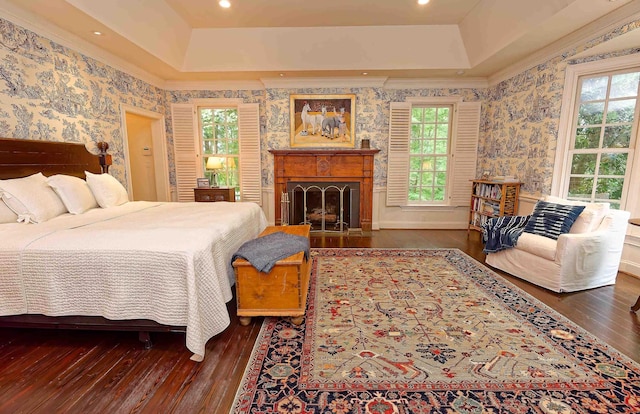 735 Jackson Grove Rd, Landrum, SC 29356 - bedroom with wallpapered walls, a raised ceiling, hardwood / wood-style flooring, multiple windows, and ornamental molding