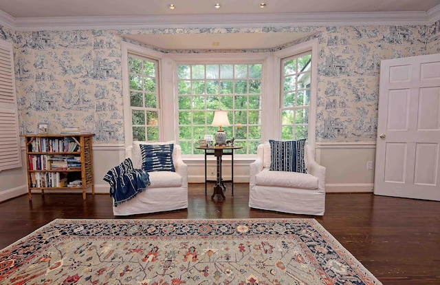 735 Jackson Grove Rd, Landrum, SC 29356 - living area with ornamental molding, wood-type flooring, and wallpapered walls