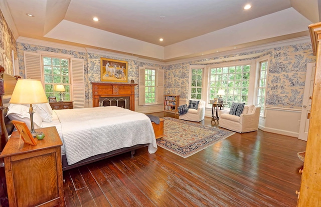 735 Jackson Grove Rd, Landrum, SC 29356 - bedroom featuring wallpapered walls, a tray ceiling, wood-type flooring, multiple windows, and recessed lighting