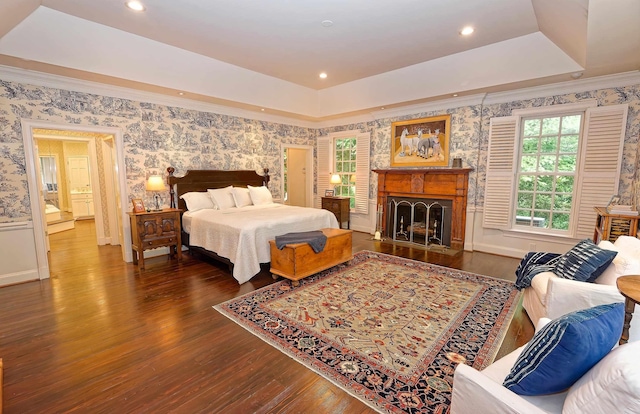 735 Jackson Grove Rd, Landrum, SC 29356 - bedroom featuring a raised ceiling, wallpapered walls, wood finished floors, a fireplace, and recessed lighting