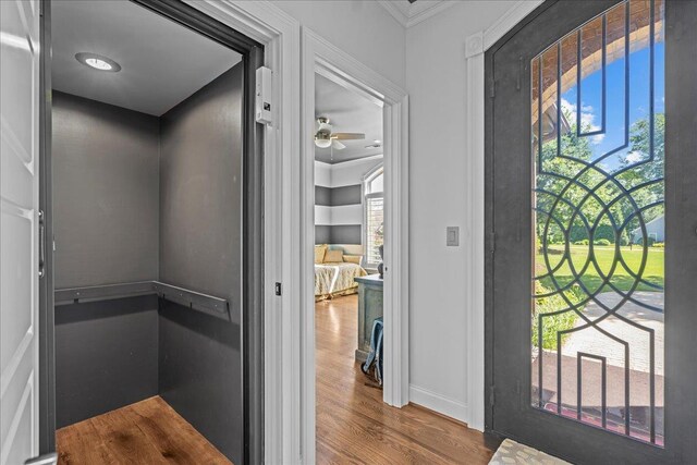 135 Neal Pointe Dr, Chesnee, SC 29323 - entrance foyer featuring wood finished floors, crown molding, elevator, and ceiling fan