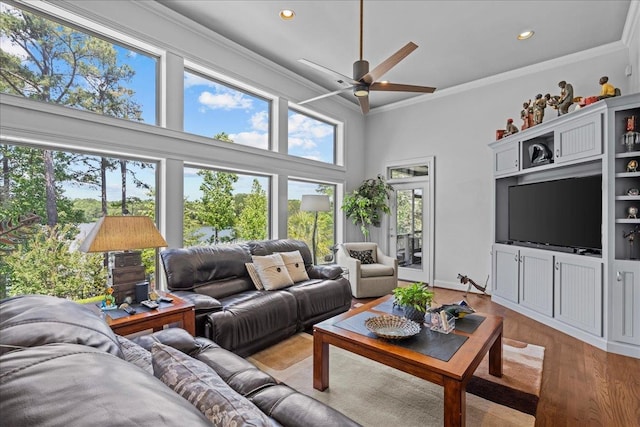 135 Neal Pointe Dr, Chesnee, SC 29323 - living area with ceiling fan, ornamental molding, light wood finished floors, recessed lighting, and a high ceiling