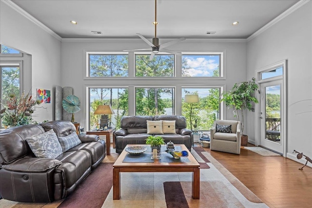 135 Neal Pointe Dr, Chesnee, SC 29323 - living area featuring plenty of natural light, a ceiling fan, ornamental molding, wood finished floors, and a towering ceiling