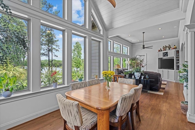135 Neal Pointe Dr, Chesnee, SC 29323 - dining space with a ceiling fan, wood finished floors, recessed lighting, and a towering ceiling