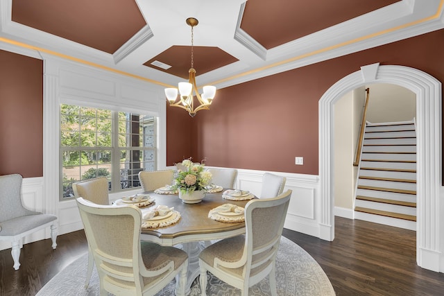 115 Gleneagles Rd, Campobello, SC 29322 - dining area with a chandelier, stairs, ornamental molding, coffered ceiling, and a wainscoted wall