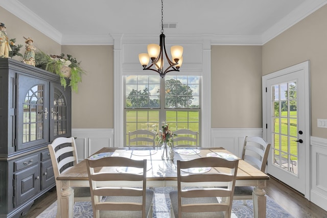115 Gleneagles Rd, Campobello, SC 29322 - dining space featuring a chandelier, ornamental molding, dark wood-type flooring, a decorative wall, and wainscoting