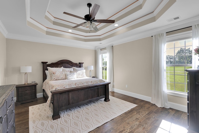 115 Gleneagles Rd, Campobello, SC 29322 - bedroom with a raised ceiling, crown molding, dark wood-style flooring, a ceiling fan, and recessed lighting