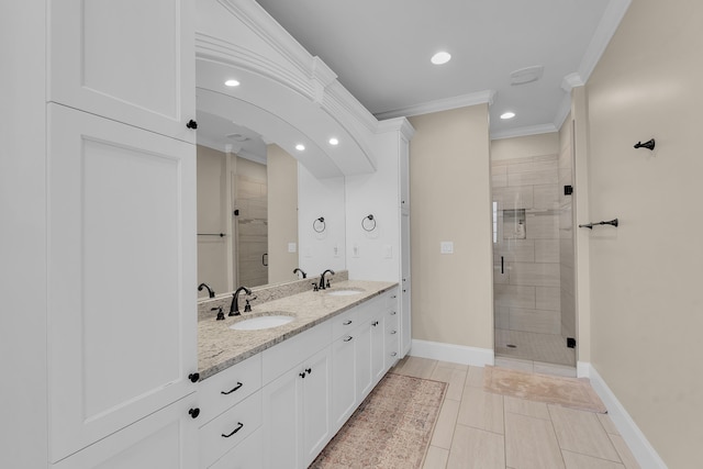 115 Gleneagles Rd, Campobello, SC 29322 - bathroom featuring crown molding, a shower stall, double vanity, and recessed lighting