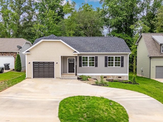 1328 Shoresbrook Rd, Spartanburg, SC 29301 - view of front of home featuring curved driveway, crawl space, a front yard, a shingled roof, and a garage