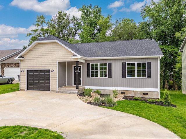 1328 Shoresbrook Rd, Spartanburg, SC 29301 - ranch-style house featuring driveway, crawl space, a garage, a front lawn, and a shingled roof