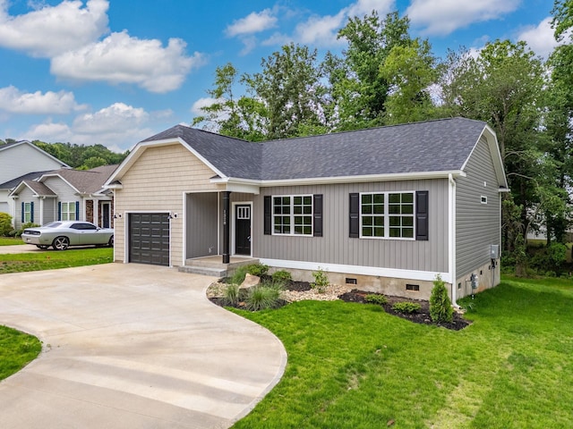 1328 Shoresbrook Rd, Spartanburg, SC 29301 - ranch-style house with driveway, an attached garage, roof with shingles, a front lawn, and crawl space