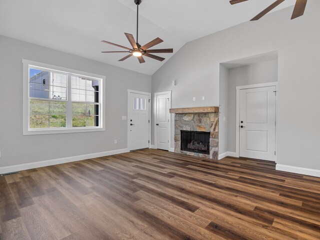 1328 Shoresbrook Rd, Spartanburg, SC 29301 - unfurnished living room featuring ceiling fan, a fireplace, wood finished floors, and lofted ceiling