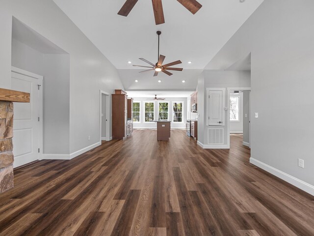 1328 Shoresbrook Rd, Spartanburg, SC 29301 - unfurnished living room with ceiling fan, vaulted ceiling, recessed lighting, and dark wood finished floors