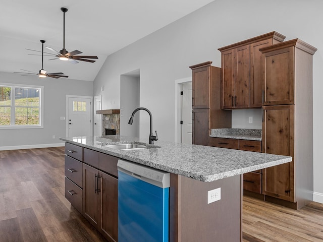 1328 Shoresbrook Rd, Spartanburg, SC 29301 - kitchen featuring dishwasher, wood finished floors, a ceiling fan, vaulted ceiling, and open floor plan