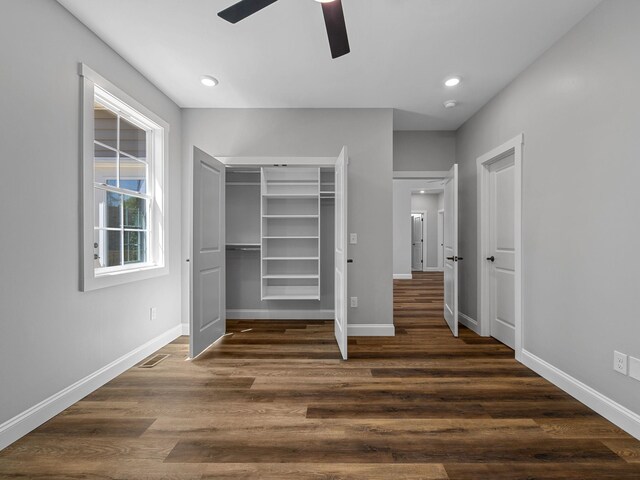 1328 Shoresbrook Rd, Spartanburg, SC 29301 - unfurnished bedroom with dark wood finished floors, recessed lighting, ceiling fan, and a closet