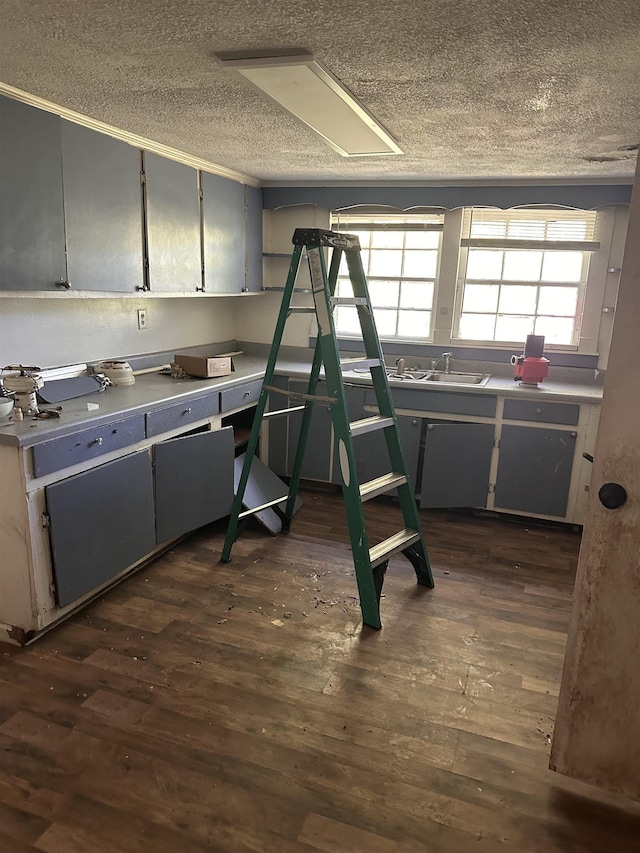 131 Furman St, Enoree, SC 29388 - kitchen featuring dark wood-type flooring, a textured ceiling, and gray cabinetry